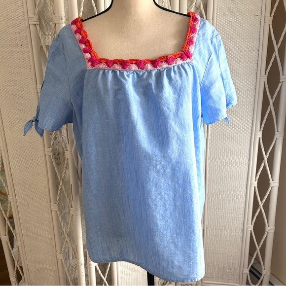 Talbots Blue Linen Top Crochet Trim Pink Coral Short Tie Sleeve Blouse size 2XP - Picture 4 of 16